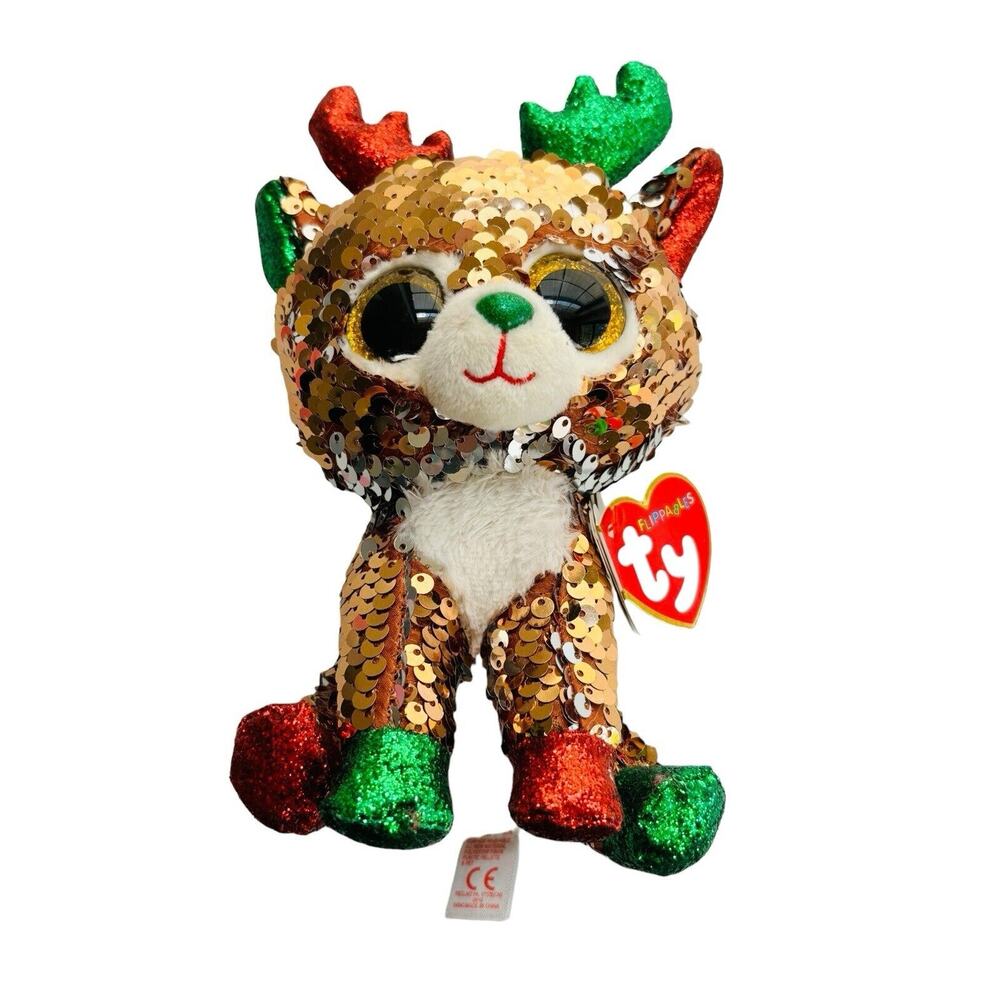 TY Christmas Flippables Sequin TEGAN Reindeer Beanie Baby Plush NEW